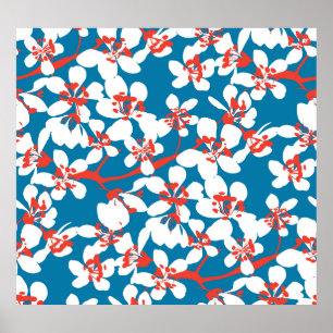 White sakura, classic blue background pattern. poster