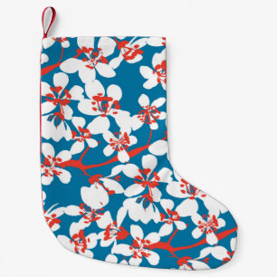 White sakura, classic blue background pattern. small christmas stocking