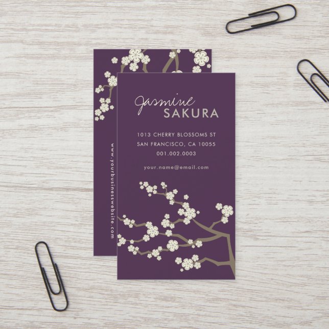 White Sakura Oriental Cherry Blossoms Elegant Chic Business Card (Front/Back In Situ)