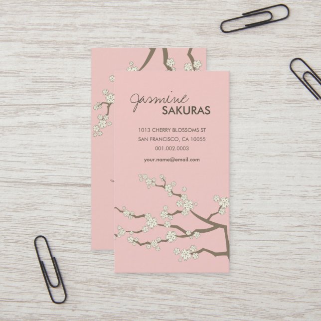 White Sakura Oriental Cherry Blossoms Elegant Chic Business Card (Front/Back In Situ)