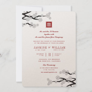 White Sakura Red Double Happiness Chinese Wedding Invitation