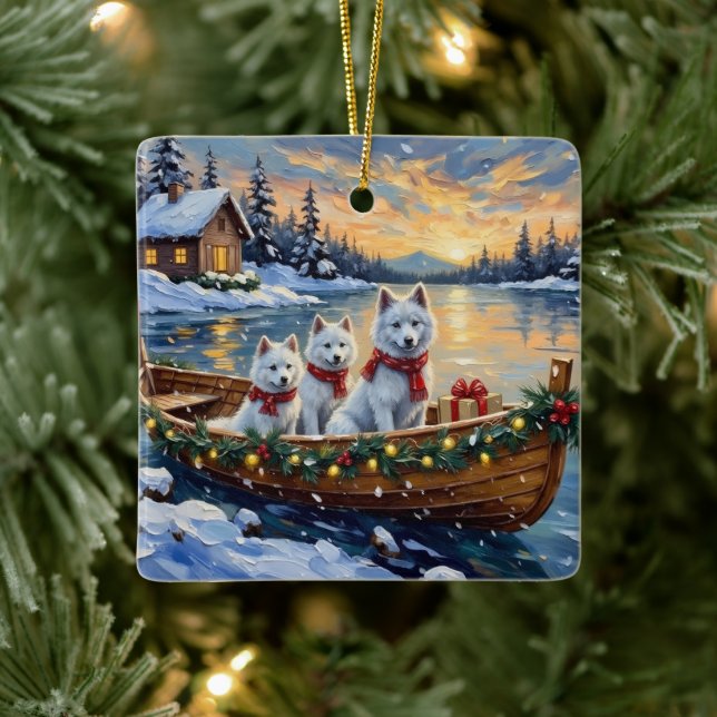 White Samoyed Christmas Boat Holiday Ceramic Ornament (Tree)