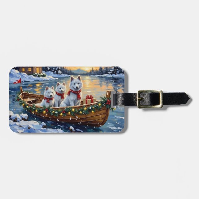 White Samoyed Christmas Boat Holiday Luggage Tag (Front Horizontal)