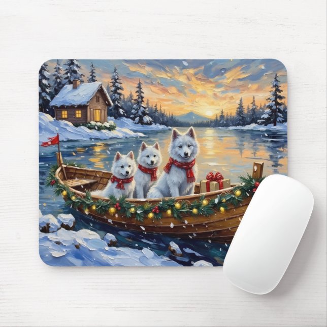 White Samoyed Christmas Boat Holiday Mouse Mat (With Mouse)