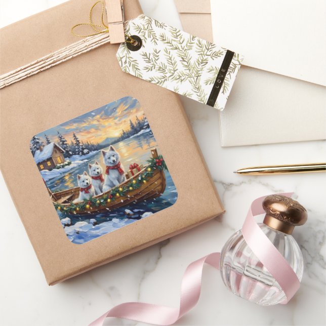 White Samoyed Christmas Boat Holiday Square Sticker (Gifting)