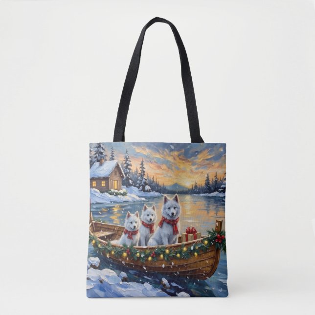 White Samoyed Christmas Boat Holiday Tote Bag (Front)