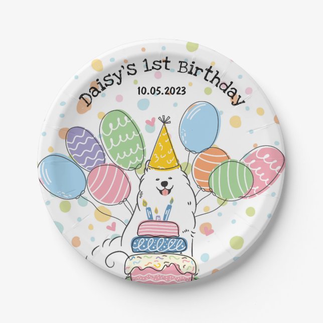 White Samoyed Dog Birthday Party Paper Plates (Front)