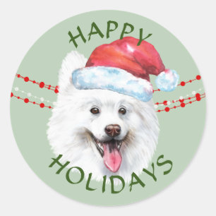 White Samoyed Dog Santa Hat Happy Holidays Classic Round Sticker