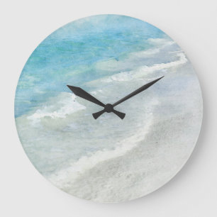 White Sand Beach Watercolor - Teal Aqua Turquoise Large Clock