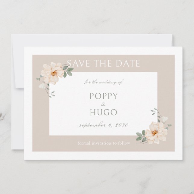 White & Sand | Chic Floral Wedding Save the Date (Front)