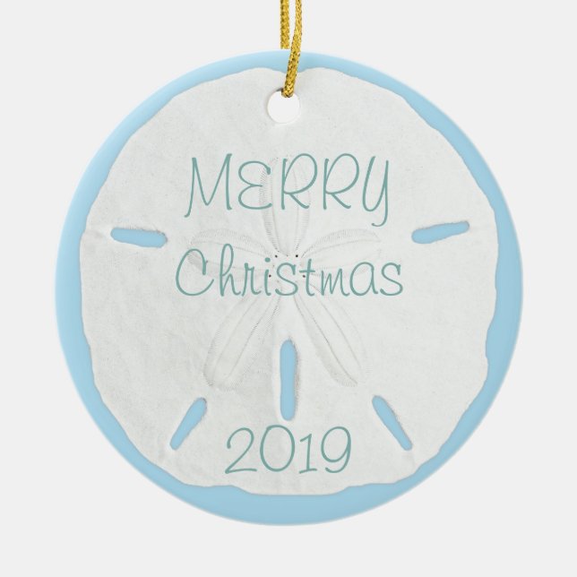 White Sand Dollar on Blue Tropical Christmas Ceramic Tree Decoration (Front)