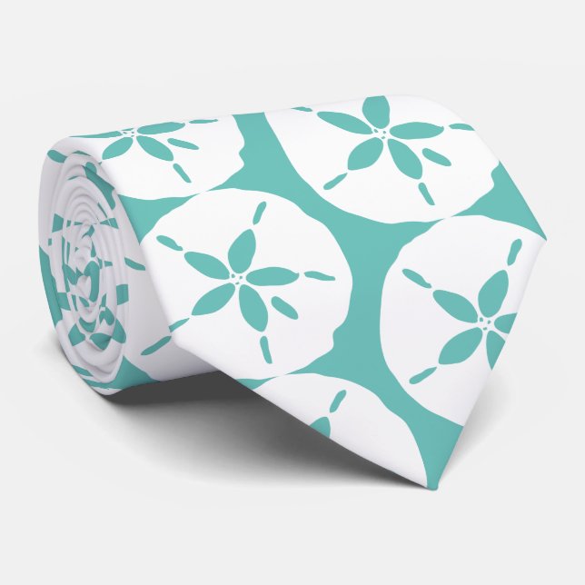 White Sand Dollars Pattern Teal Beach Wedding Tie (Rolled)