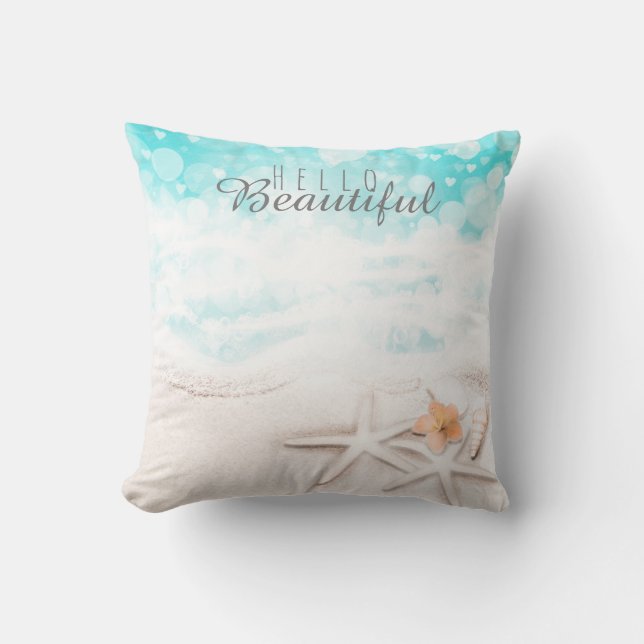 White Sandy Beach Starfish Blue Ocean Tropical C Cushion (Front)