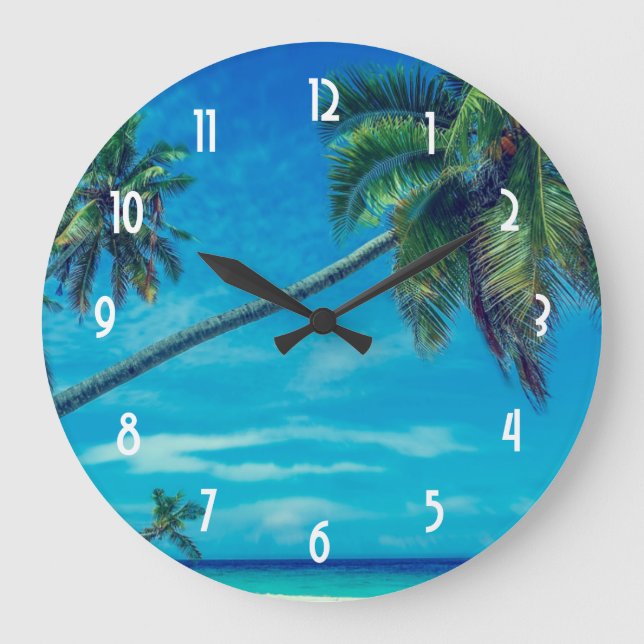 White Sandy Beach with Coconut Palms Large Clock (Front)