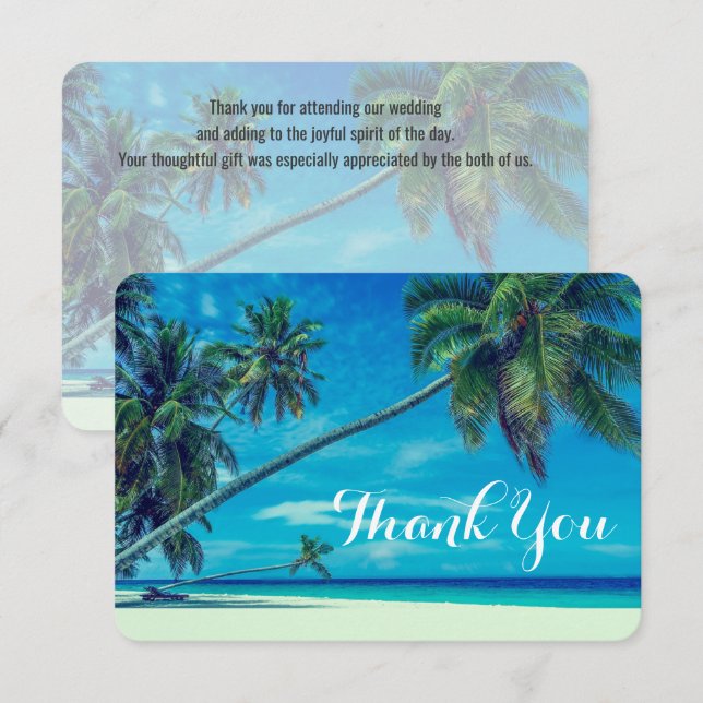 White Sandy Beach with Palm Trees Wedding Thanks Invitation (Front/Back)