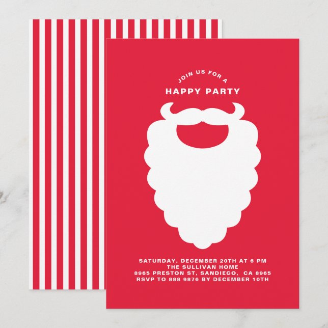 White Santa Beard Modern Holiday Party Invitation (Front/Back)