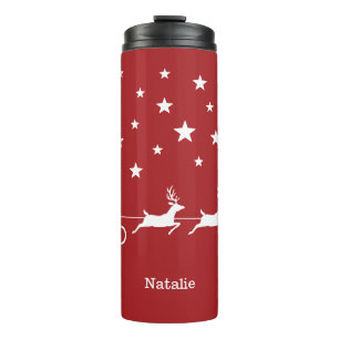 White Santa Christmas Sleigh & Custom Name On Red Thermal Tumbler