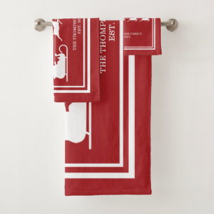 White Santa Sleigh And Merry Christmas Text On Red Bath Towel Set