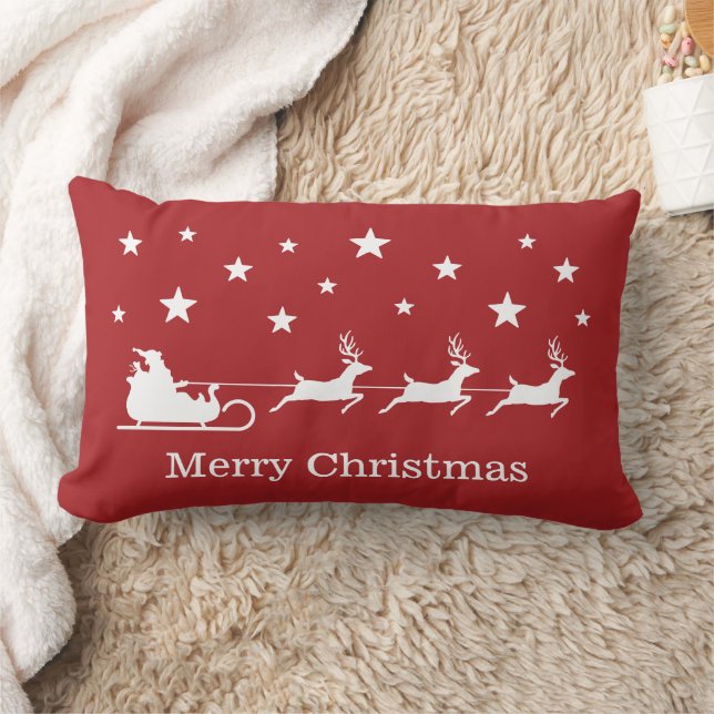 White Santa Sleigh And Merry Christmas Text On Red Lumbar Cushion (Blanket)