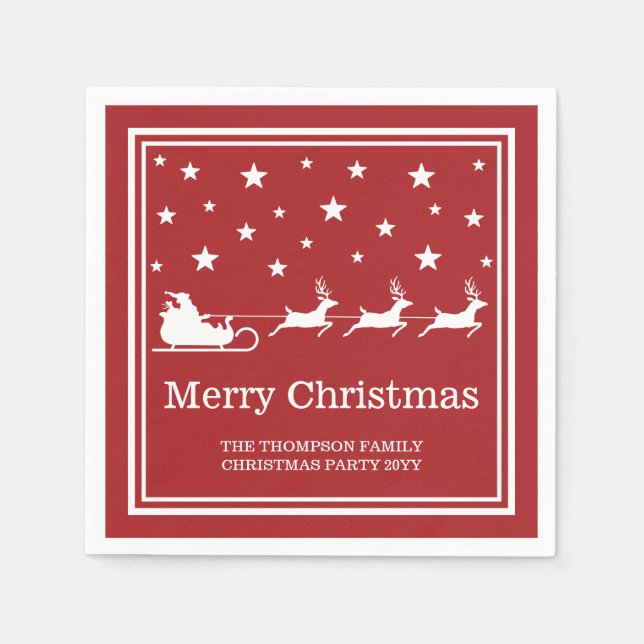 White Santa Sleigh And Merry Christmas Text On Red Napkin (Front)