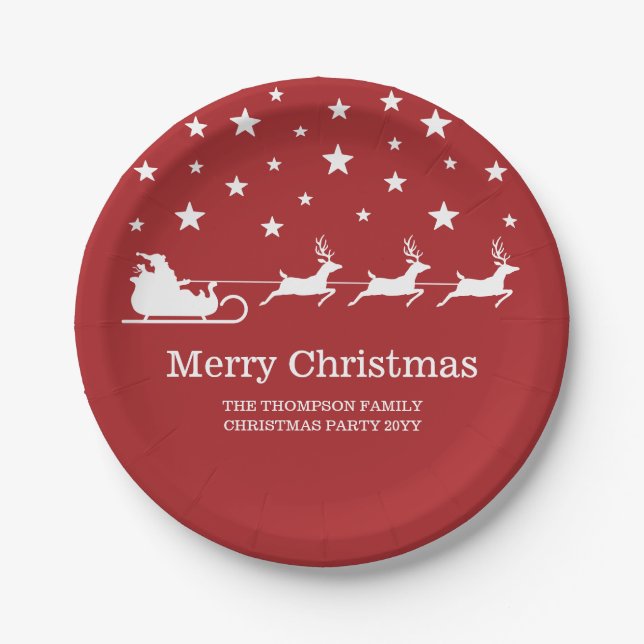 White Santa Sleigh And Merry Christmas Text On Red Paper Plate (Front)