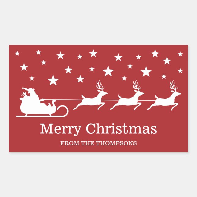 White Santa Sleigh And Merry Christmas Text On Red Rectangular Sticker (Front)