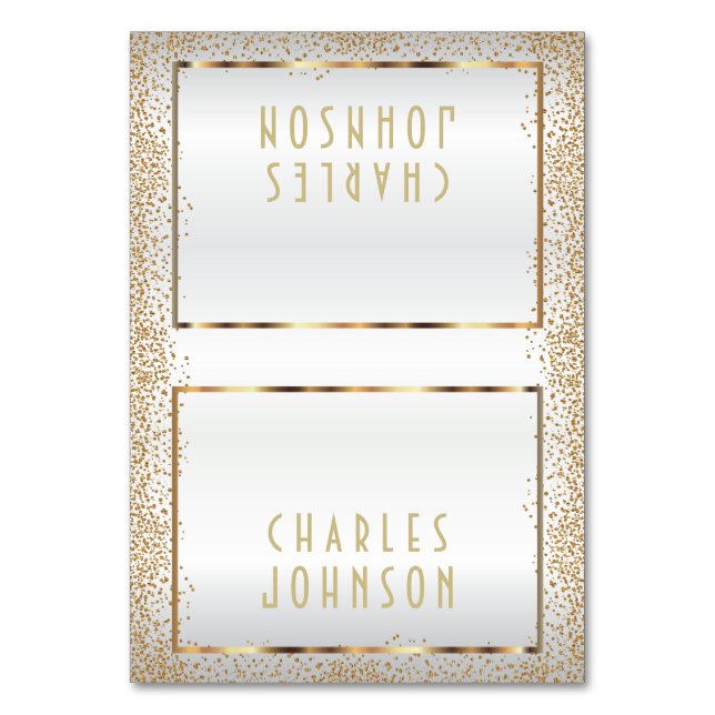 White Satin  and Gold Confetti  - Place Cards (Front)