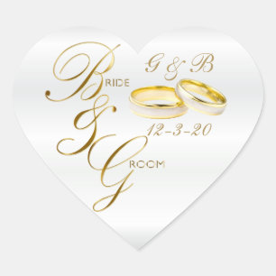 White Satin and Gold Wedding Rings with DIY Text Heart Sticker