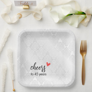 White Satin Damask 45th Anniversary Paper Plate