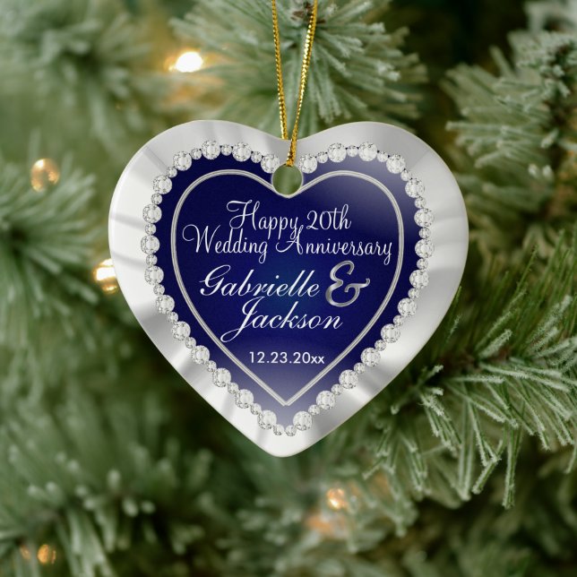 White Satin & Diamonds Wedding Keepsake |Navy Blue Ceramic Tree Decoration (Tree)