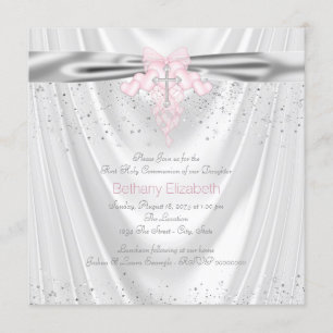 White Satin Glitter Pink Cross First Communion Invitation