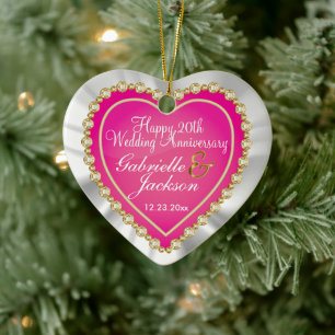 White Satin & Pink Heart Wedding Keepsake Ceramic  Tree Decoration