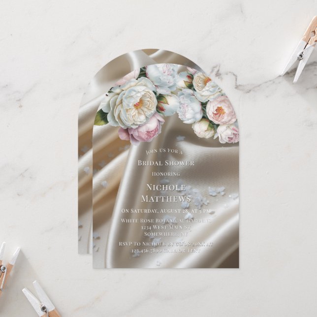 White Satin Roses and Peony Bridal Shower Invitation (Front/Back In Situ)