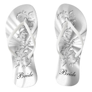 White Satin & Silver Ornate Design   Bride Flip Flops