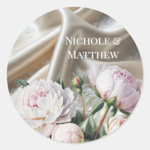 White Satin with Roses and Peony Wedding Classic Round Sticker