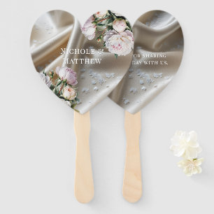 White Satin with Roses and Peony Wedding Hand Fan