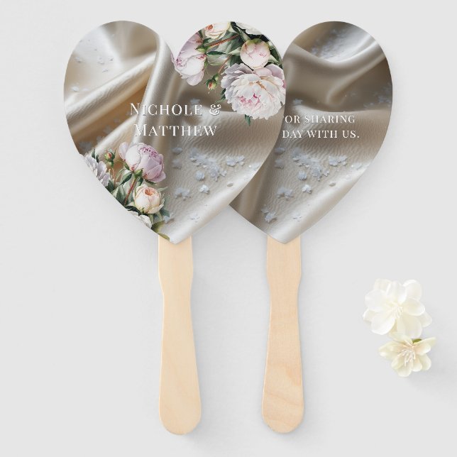 White Satin with Roses and Peony Wedding Hand Fan (Front and Back)