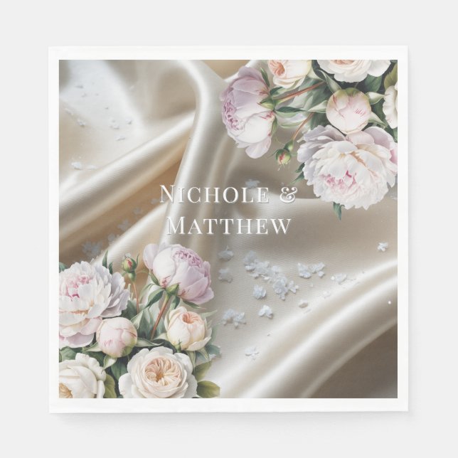 White Satin with Roses and Peony Wedding Napkin (Front)