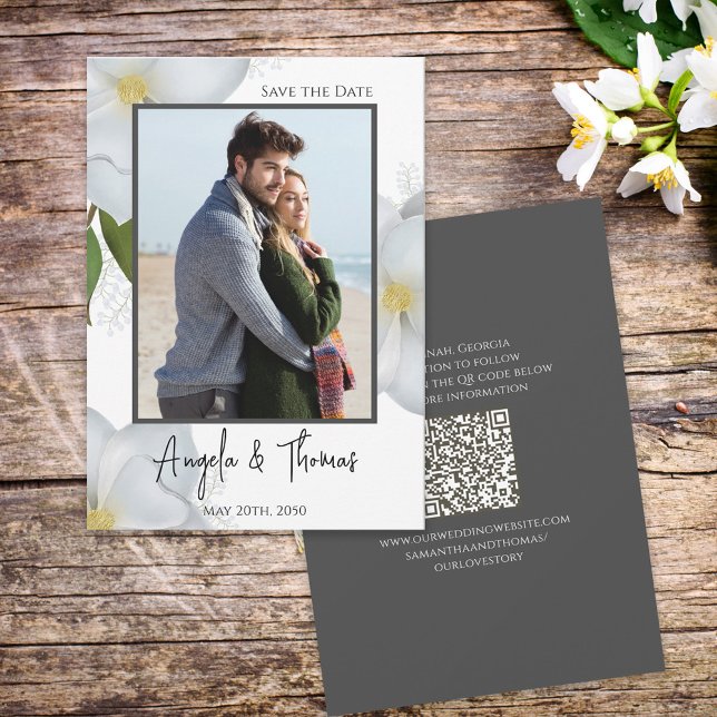White Save the Date Photo QR Code Floral Magnolia (Creator Uploaded)