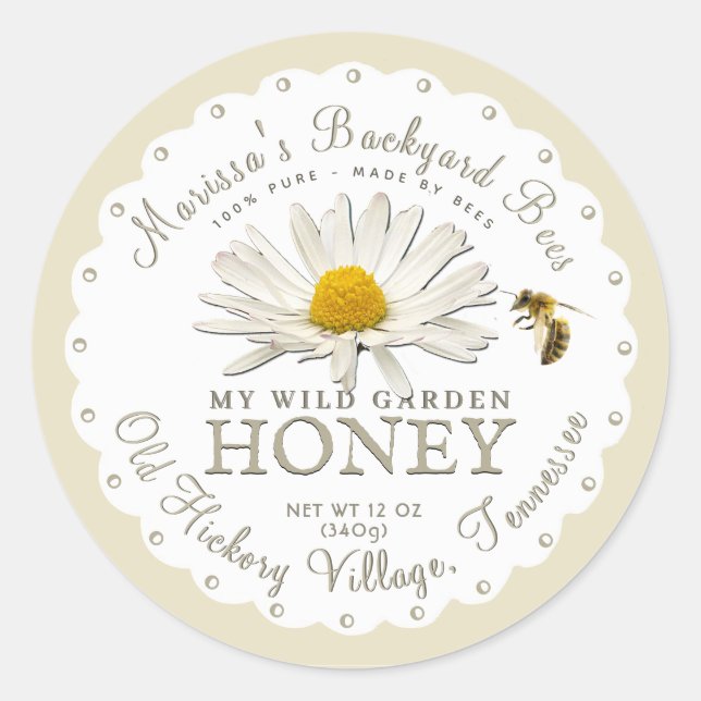 White Scallop Backyard Bee Daisy Honey Label (Front)