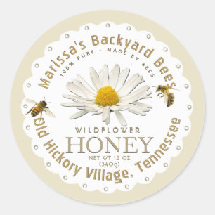 White Scallop Honey Label with Daisy and Honeybee