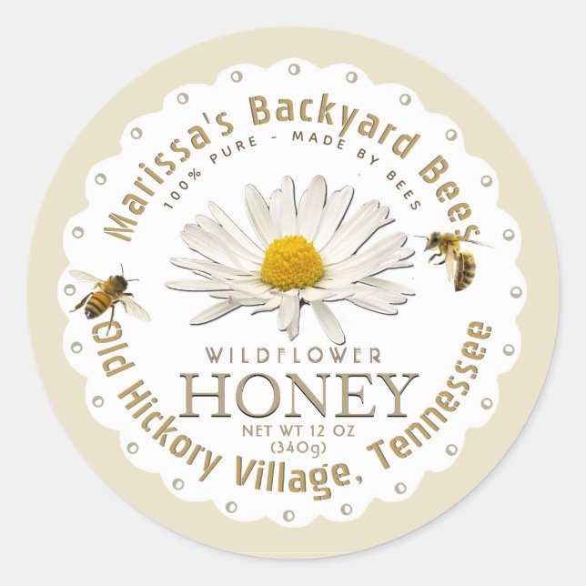 White Scallop Honey Label with Daisy and Honeybee (Front)