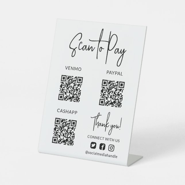 White Scan to Pay QR Codes Social Media Icons Pedestal Sign (Front)