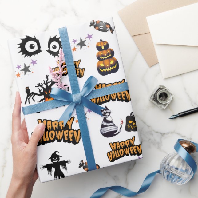 white Scary Halloween Eyes Pumpkin Cat Wrapping Paper (Gifting)