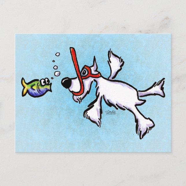 White Schnauzer Snorkelling Off-Leash Art™ Postcard (Front)