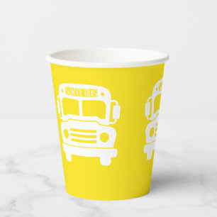 White School Bus on Yellow Background Paper Cups