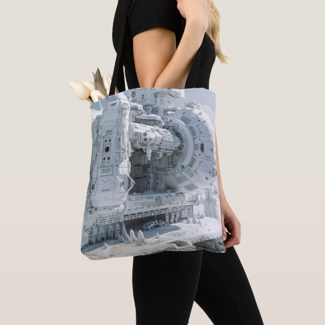 White Sci-Fi Space Base Tote Bag (Close Up)