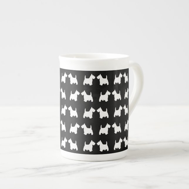 White Scottie Dog Twin Silhouettes Tile Pattern Bone China Mug (Front Right)