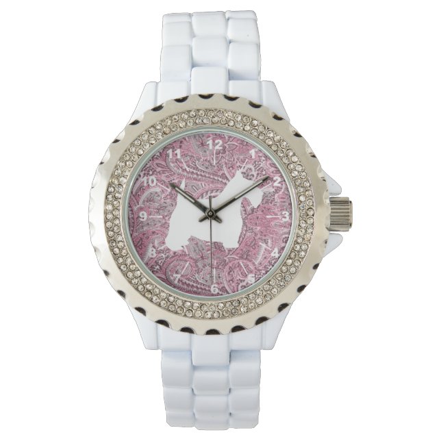 White Scottie Pink Paisley Print Watch (Front)