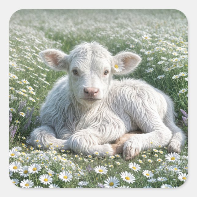 White Scottish Highland Calf In Daisy Meadow Square Sticker (Front)